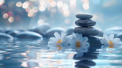Obraz premium Zen stones with delicate flowers in a peaceful spa environment, reflecting in water