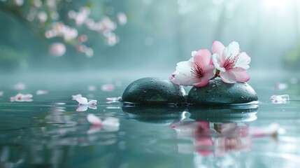 Zen stones with delicate flowers in a peaceful spa environment, reflecting in water