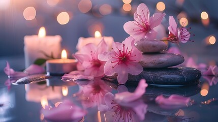 Tranquil spa beauty treatment setting with candles, massage stones, and aromatic flowers