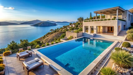 breathtaking mediterranean villa with sleek architecture, lush gardens, and infinity pool overlooking crystal-clear turquoise waters of the aegean sea in greece.