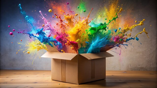 Vibrant splash of colorful ink erupts from a torn cardboard box, symbolizing creative out-of-the-box thinking and innovative ideas bursting forth in a playful, chaotic display.