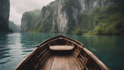 Fototapeta premium wood humble boat in calm waters, surrounded by towering cliffs and lush vegetation 