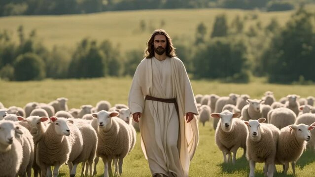 Jesus caminando con ovejas