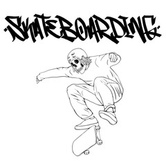 Skeleton head skulls skater doing ollie kickflip trick  skateboarding celebrate skate day graffiti handstyle tags lettering art digital illustration painting black and white liner