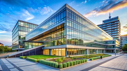 Fototapeta premium Modern angular school building stands alone in urban cityscape with sleek glass facade and rooftop garden amidst concrete government office background.