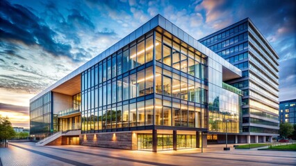 Obraz premium Modern architectural school building stands isolated amidst urban cityscape, sleek design, and grand glass faÃ§ade, emphasizing innovation and knowledge infrastructure.