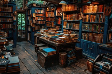 Fototapeta premium pile of books on bookshelf in library professional photography