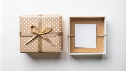 White background features a square cardboard gift box with blank label or business card on wrapping paper, viewed from directly above, ready for customization.