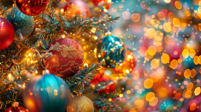 Christmas tree decorations sparkle with festive charm, adorning the tree with colorful ornaments and glittering lights.