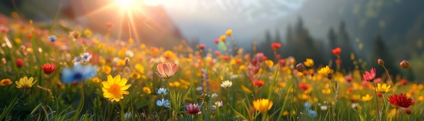 Alpine meadow with wildflowers, blurred background,