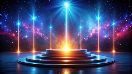 Isolated, futuristic podium stands alone under a celestial, star-filled night sky, bathed in a vibrant, electric gradient glow, evoking a sense of anticipation and drama.