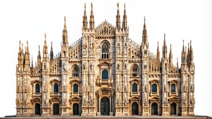 Fototapeta premium Historic facade of iconic duomo di milano cathedral in milan italy showcasing intricate gothic architecture and ornate details on a transparent background.