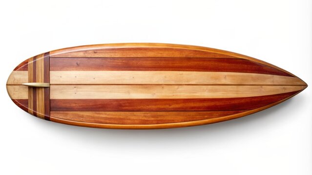 Retro-style vintage wooden fishboard surfboard on white background with clipping path, evoking nostalgic beach vibes and classic surfing nostalgia.