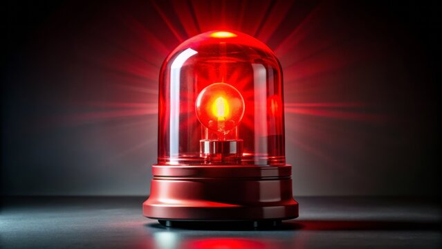 Vibrant red emergency alarm light flashes rapidly, isolated on a dark black background, signaling urgency and crisis, with ample copy space for text or graphics.