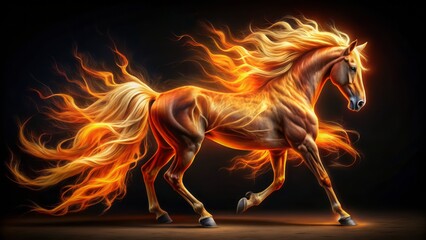 Fiery horse stands majestically, showcasing its luscious, flowing mane and tail, isolated on a black background, perfect for banners and illustrations.