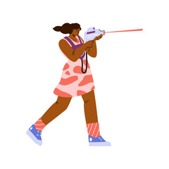 Naklejka premium Woman armed with a laser pistol on an isolated background.