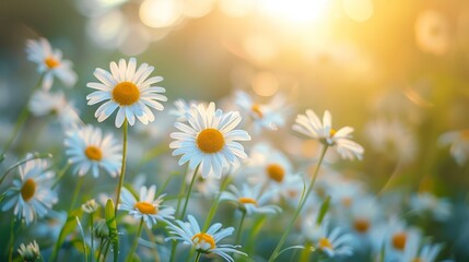 Sunlit meadow with daisies, cheerful and bright, natural beauty, copy space
