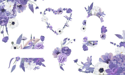 Watercolor floral frame illustration set. Violet, purple flowers border, frame, wreath. For wedding invitations, cards, greetings, digital scrapbooking, wallpapers, background. PNG	