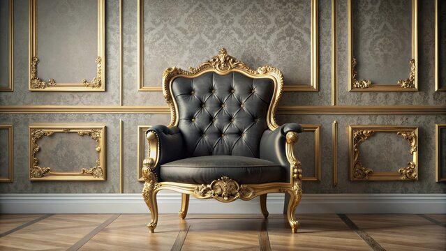 Elegant empty gold frame adorned with intricate black details sits atop a vintage chair in a lavish classic european-style room with ornate furnishings.