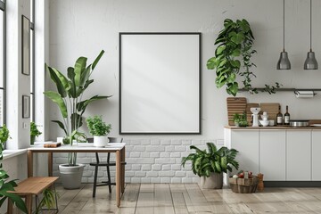Poster mockup in scandinavian kitchen interior created with generative ai