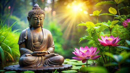 Obraz premium serenity emanates from a tranquil buddha statue surrounded by lush greenery, with a delicate lotus flower blooming in the foreground, exuding peace and harmony.