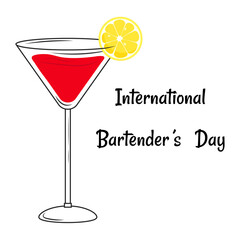 Bartenders Day. Cocktail with lemon slice isolated on white background.