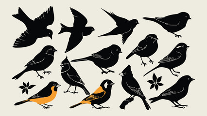 Black silhouette set birds on white background vector image. 