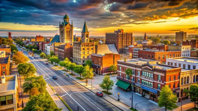 Vibrant cityscape of gary, indiana's downtown area bathed in warm afternoon light, with historic buildings, streets, and urban landscape devoid of human presence.