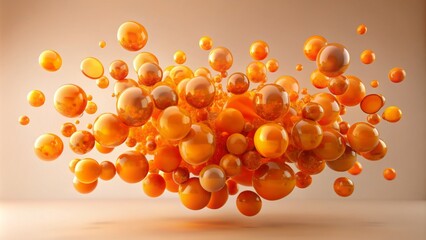 Vibrant orange blobs with transparent and plastic textures suspended in mid-air against a neutral beige background, evoking a sense of abstract futurism and creative freedom.
