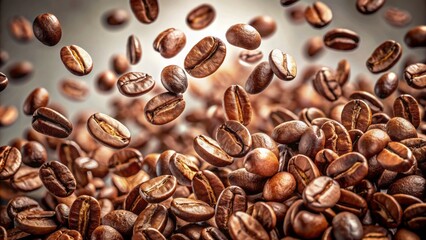 vibrant coffee beans swirling in mid-air, suspended against a crisp transparent background, evoking a sense of dynamic energy and gourmet sophistication.