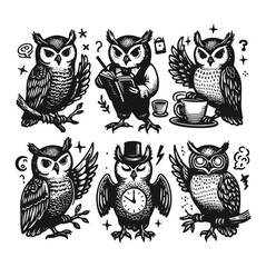 Owl Bird Black silhouette on white background six set vector illustration