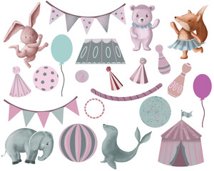 Animals in the circus. A set of illustrations on the theme of the circus. Cute rabbit, bear, fox, elephant and seal. Hand-drawn, high resolution on a white background. It is ideal for a birthday, a