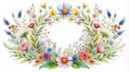 Obraz premium Delicate watercolor crest adorned with vibrant wildflowers on a pristine white background, perfect for elegant wedding stationery and invitations.