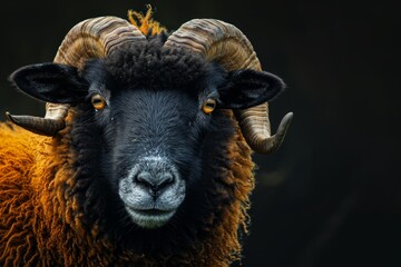 Mystic portrait of Suffolk Sheep, copy space on right side, Anger, Menacing, Headshot, Close-up View Isolated on black background