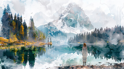 Digital watercolor painting of Jesus standing on the shore of a tranquil mountain lake, surrounded...
