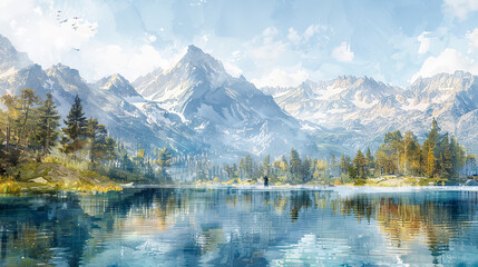Digital watercolor painting of Jesus standing on the shore of a tranquil mountain lake, surrounded by towering peaks and dense pine forests, the surface of the water mirror-smooth