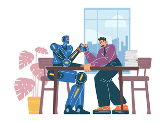 Businessman competing with robot in arm wrestling, confrontation with machine, vector artificial intelligence vs human