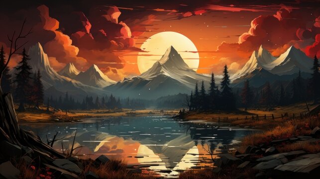 A beautiful landscape panoramic outdoors painting.