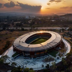A contemporary cricket stadium with eco-friendly design elements including solar panels efficient waste management