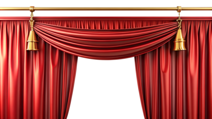 luxurious red stage curtain with straight top and hanging pleats. These curtains are decorated with gold draperies and hang from decorative gold rods, giving the impression of a luxurious theater or p