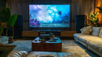 large screen tv on a wooden console in a cozy living room with soft lighting and plush couches.