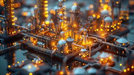 Obraz premium Highly detailed model of an industrial complex, glowing evening lights, photorealistic, intricate and vibrant 8K , high-resolution, ultra HD,up32K HD