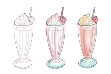 An illustration of three milkshakes, each with whipped cream and a strawberry on top. One milkshake is outlined, one is pink, and the other is peach.