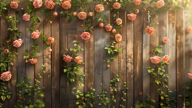 A beautiful wooden fence is covered in climbing pink roses.