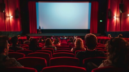 A cozy movie theater with a blank wide screen rows of red seats