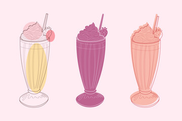 A line art illustration of three milkshakes with whipped cream and strawberries. The milkshakes are depicted in different colors and arranged in a row.