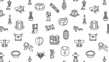 Seamless pattern of traditional Japanese summer festivals in black line style