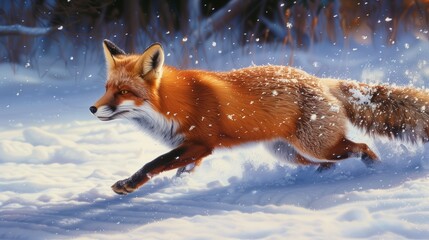 A playful red fox pouncing through the snow, its fluffy tail trailing behind like a fiery comet.