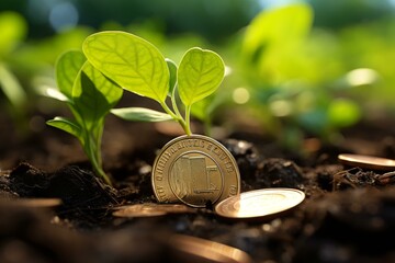 Young plant growing from soil with stacked coins, symbolizing financial growth and investment