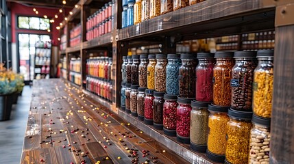 An aisle filled with different types of coffee and tea, each package creating a colorful and inviting display - Powered by Adobe